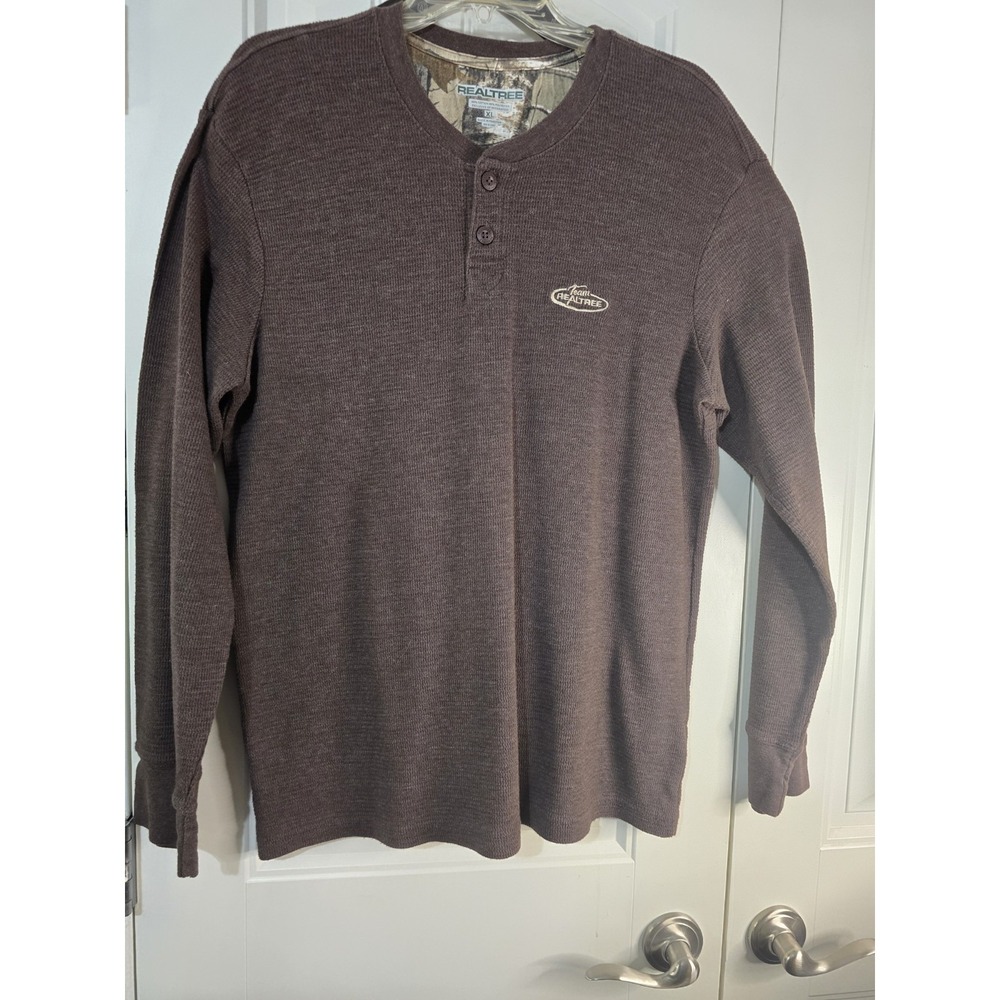Realtree Mens XL Waffle Knit Henley Shirt Chocolate Heather Brown Long Sleeve